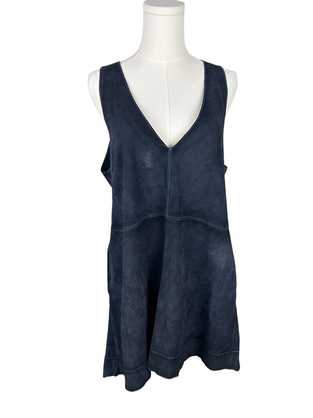 Free People Vintage Y2K Navy Blue Suede Smock V Neck Layering Dress M